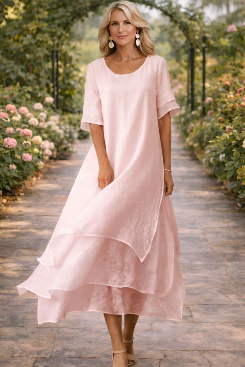 Tiered Organza Overlay Midi Dress with Flutter Sleeves