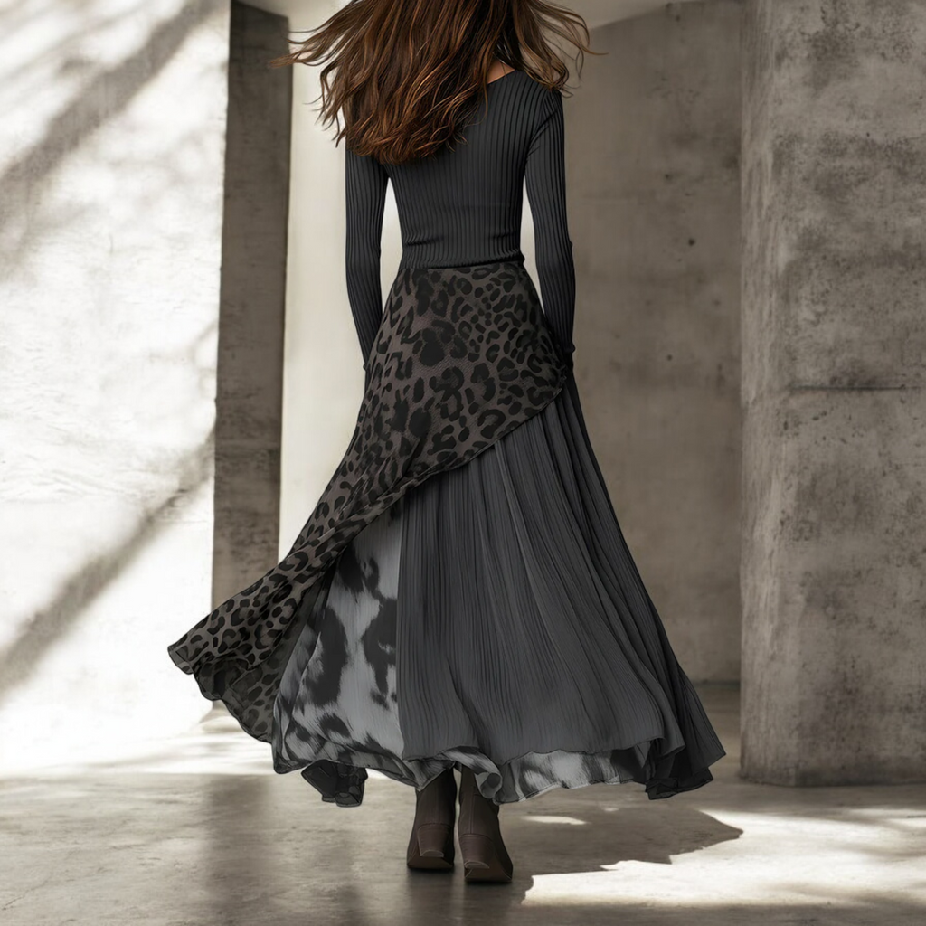 Ribbed Top and Leopard Print Asymmetric Maxi Skirt Set