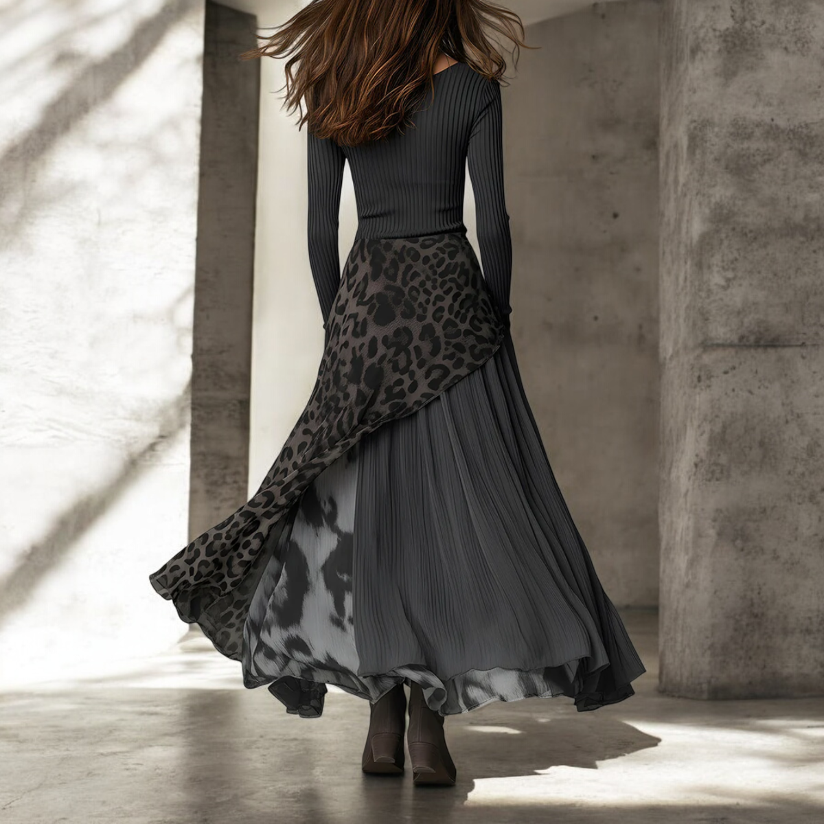 Ribbed Top and Leopard Print Asymmetric Maxi Skirt Set