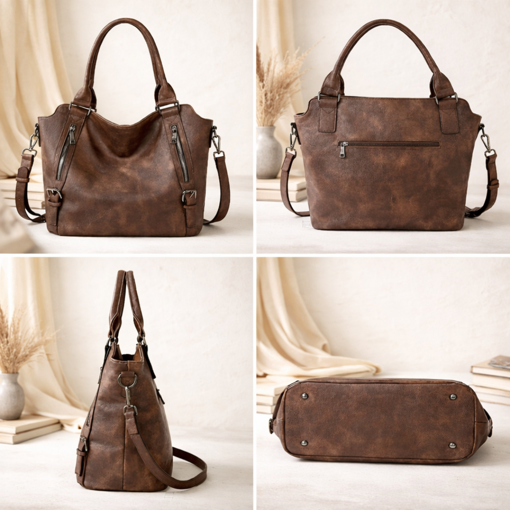 Slouchy Zip Detail Tote Bag with Buckle Straps