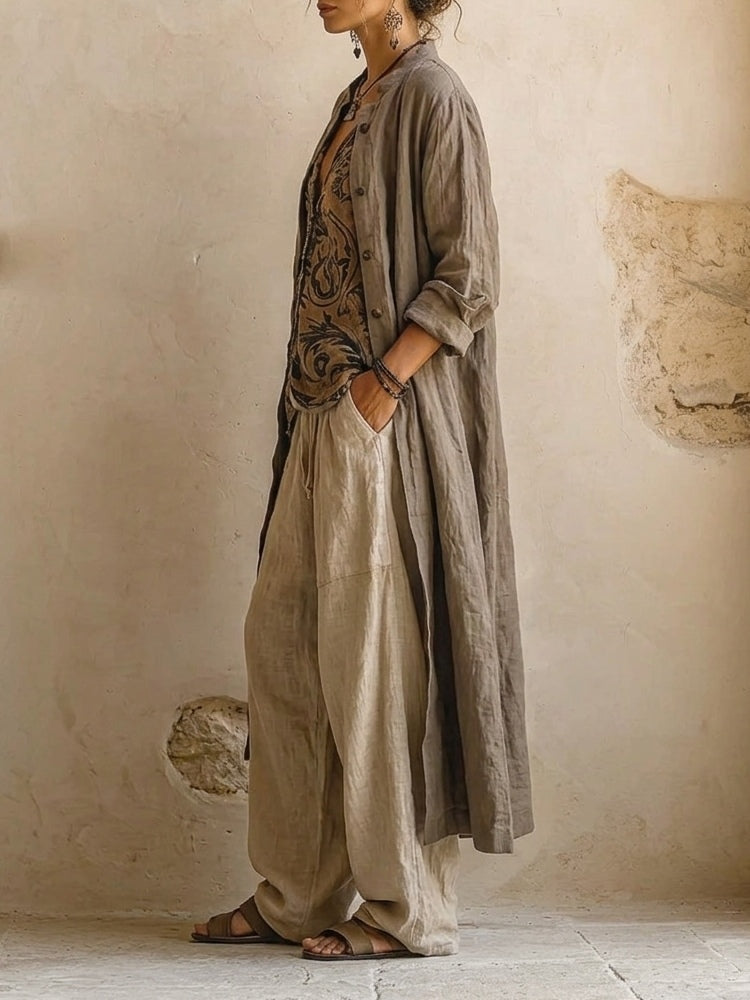 Long Line Button-Front Linen Duster Coat