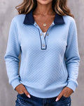 Women's Quilted Snap Button Collared Pullover Sweatshirt