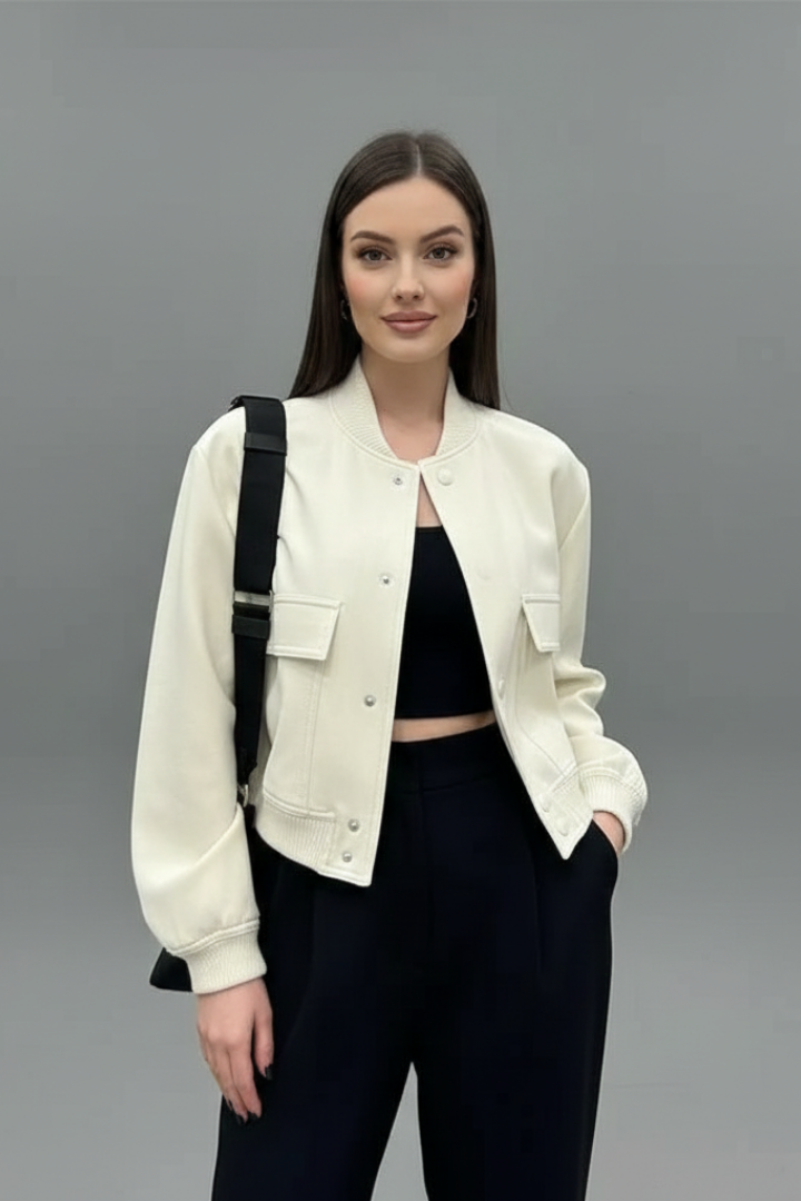 Women's Cropped Varsity Bomber Jacket with Flap Pockets