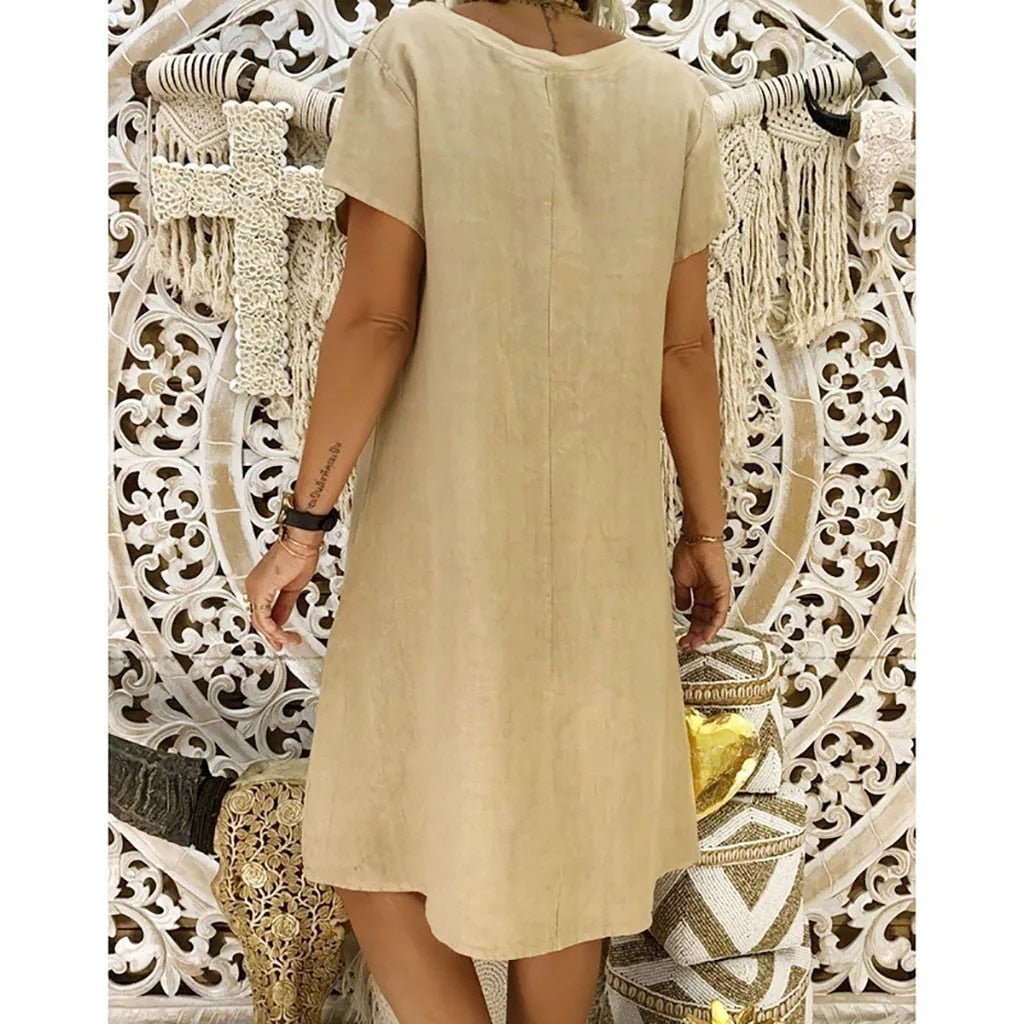V-Neck Linen Shift Dress with Short Sleeves