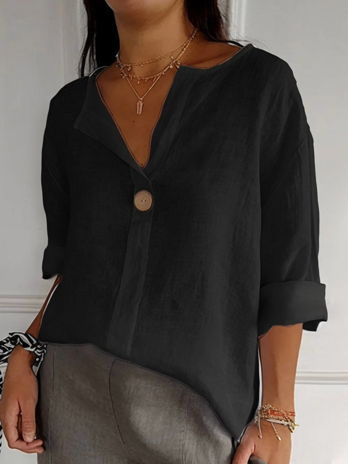 Notched V-Neck Single Button Oversized Blouse