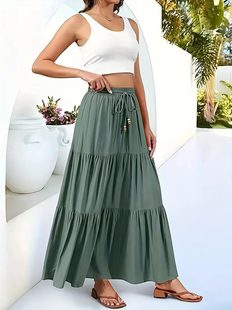 Tiered Maxi Skirt with Drawstring Tie Waist