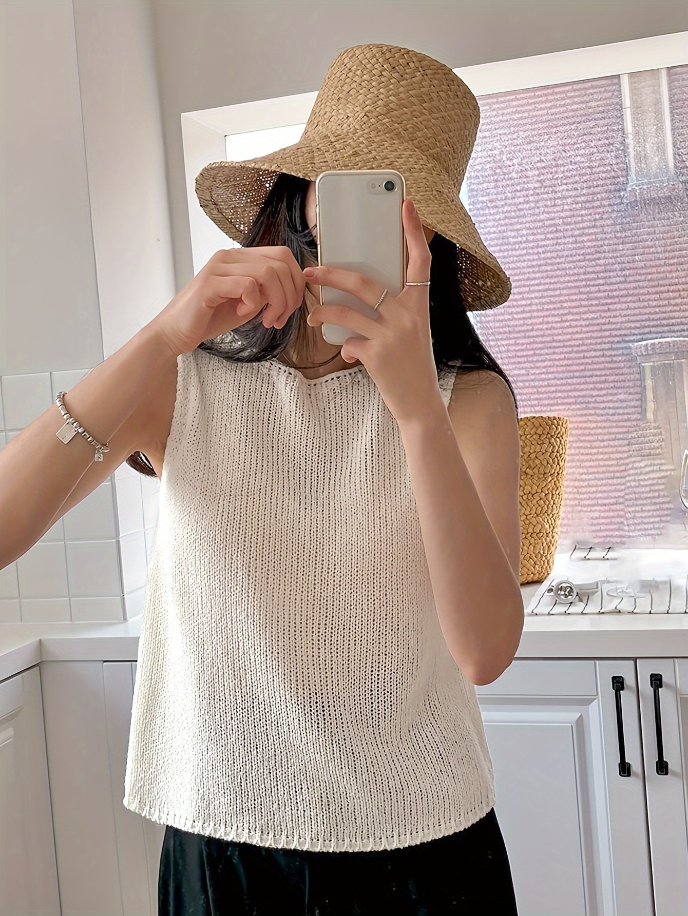 Open Knit Sleeveless Round Neck Tank Top