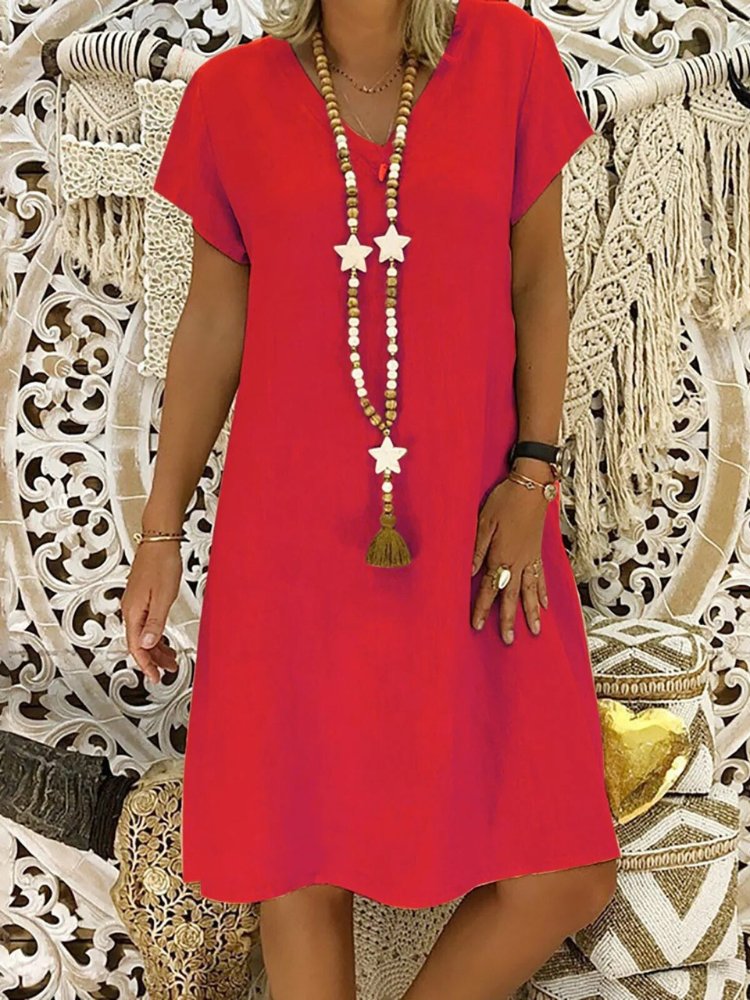 V-Neck Linen Shift Dress with Short Sleeves