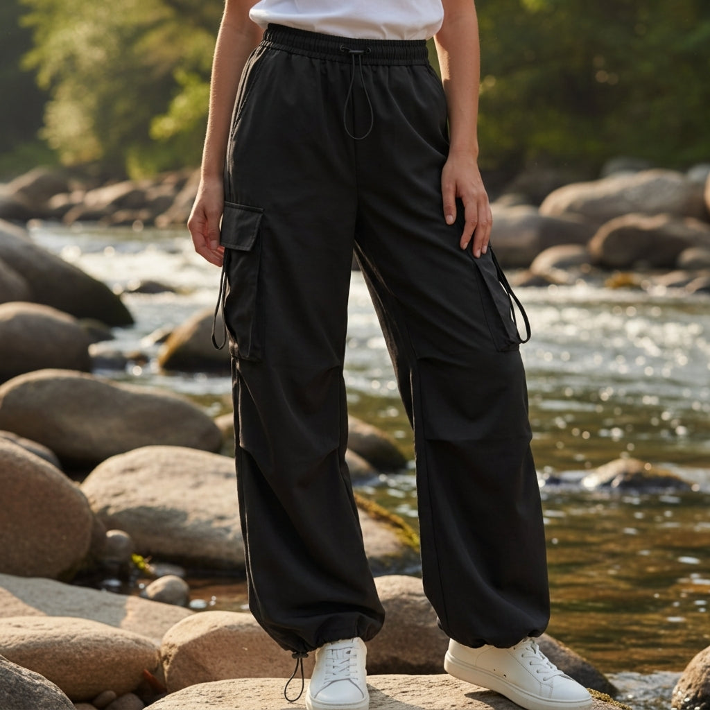 Drawstring Cargo Parachute Pants with Cinched Ankle