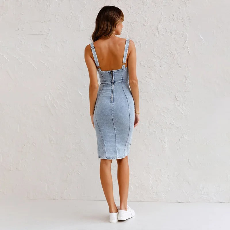 Denim Zip Front Bodycon Midi Dress with Side Slit