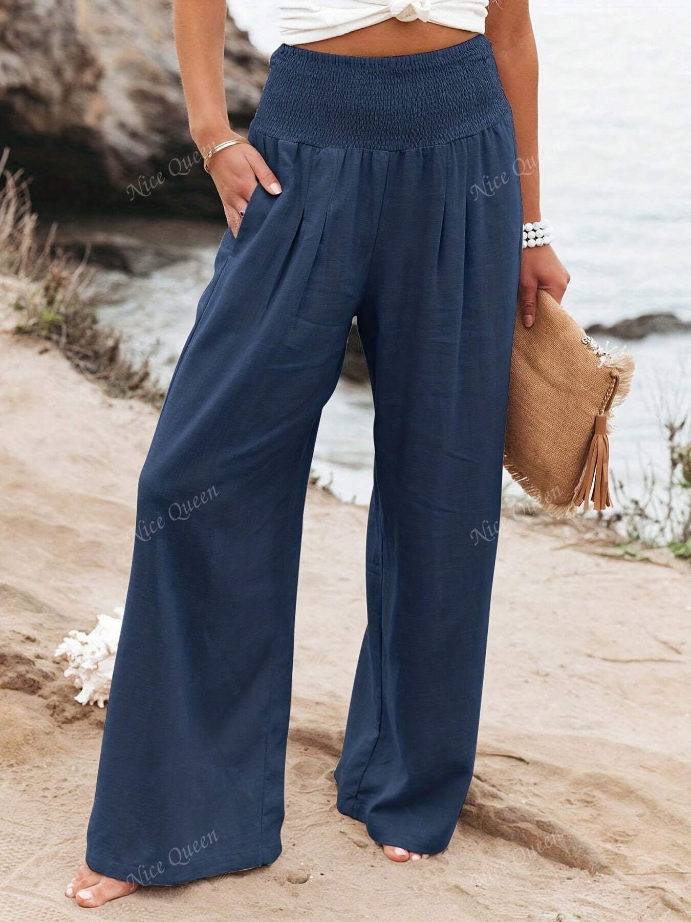 Smocked High Waist Wide Leg Linen Blend Trousers