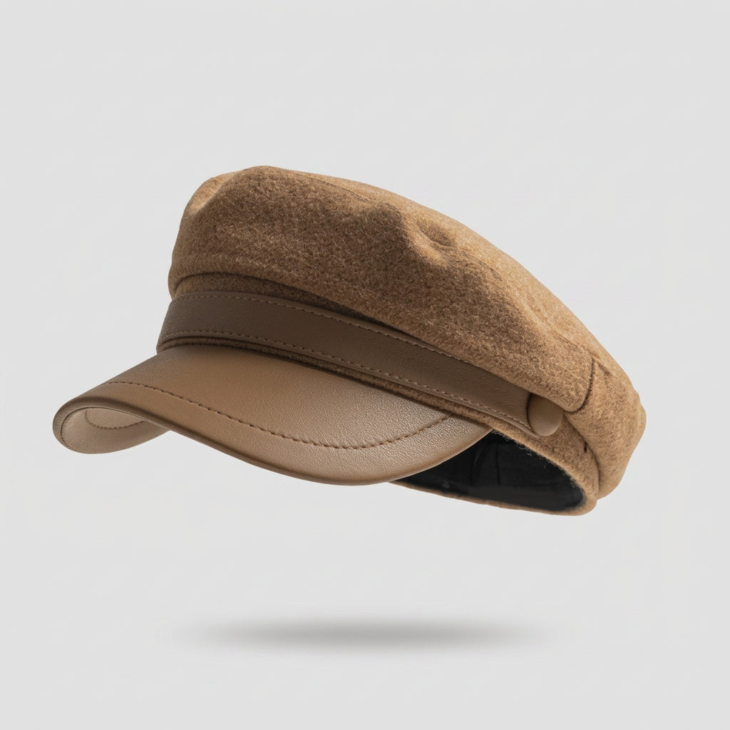 Faux Leather Brim Textured Newsboy Cap