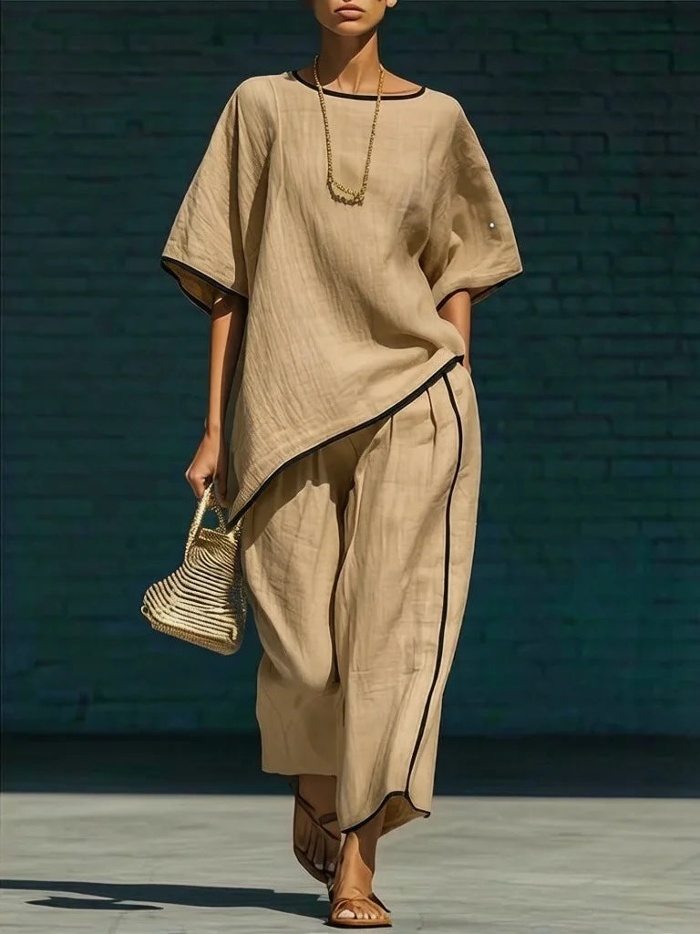 Contrast Piping Oversized Top and Wide Leg Pants Set