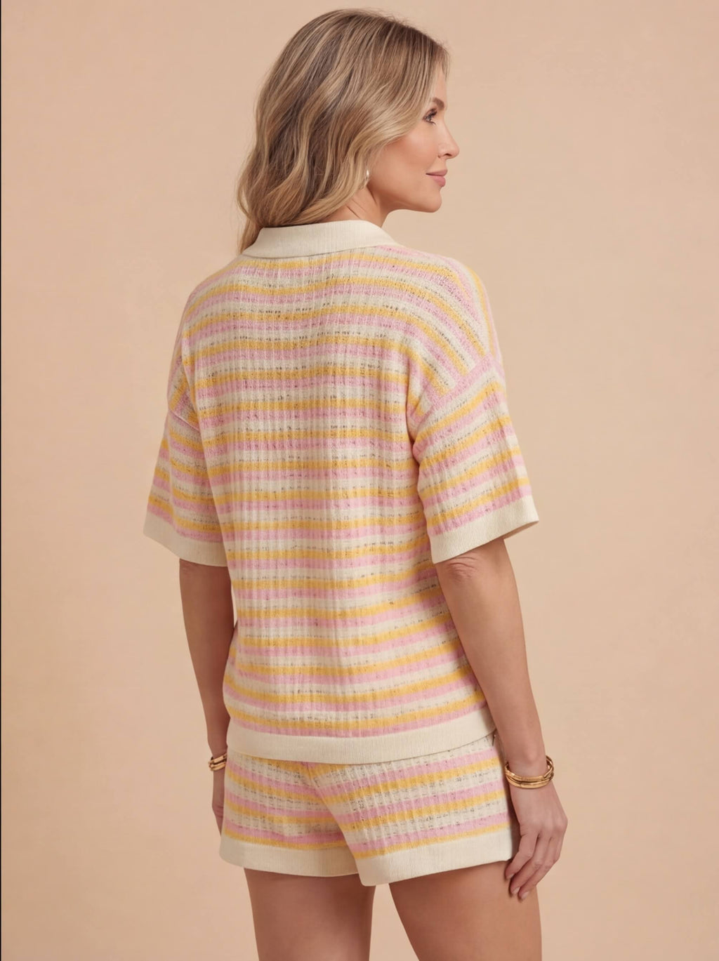 Striped Knit Collared Polo and Shorts Set