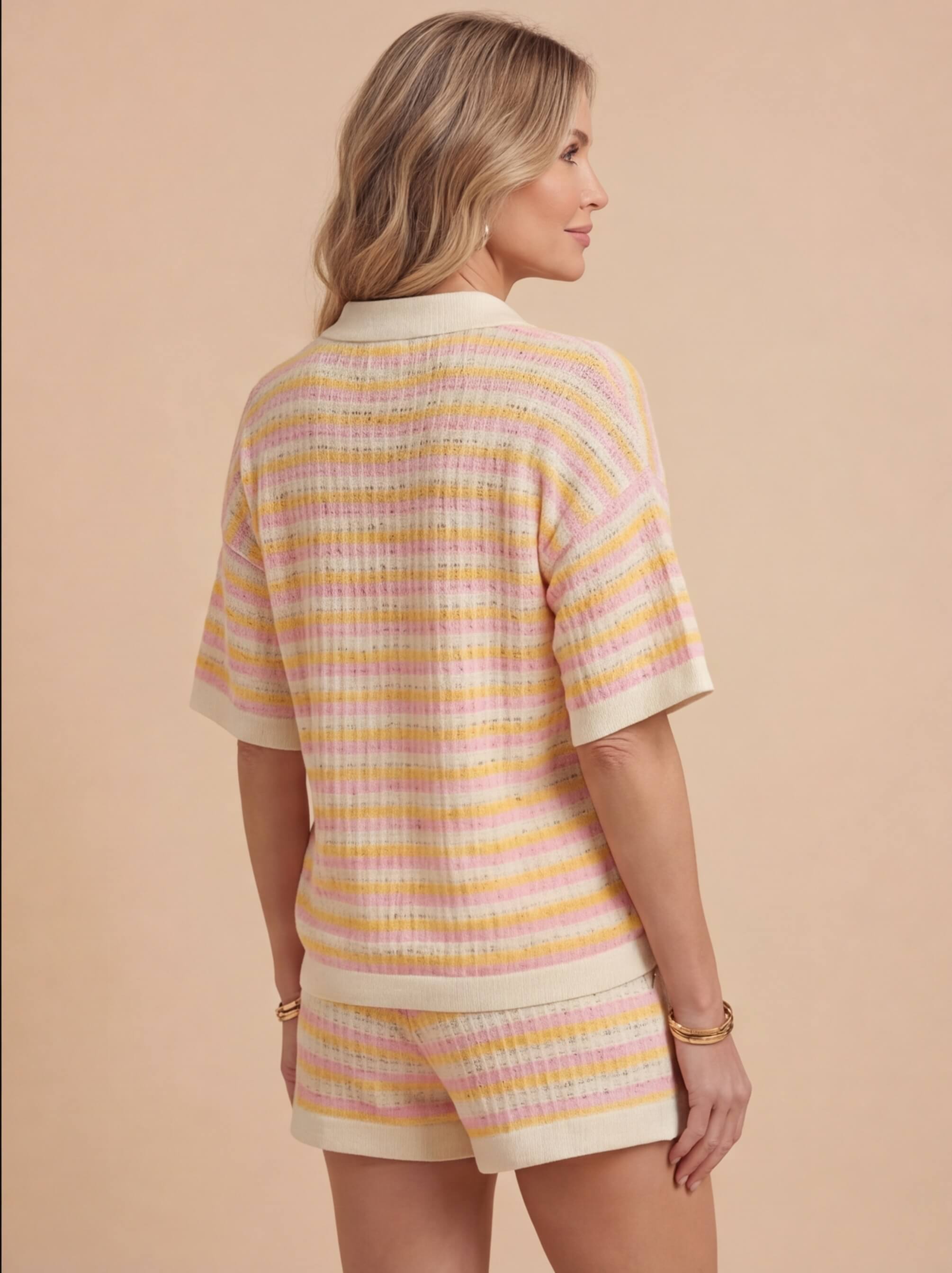 Striped Knit Collared Polo and Shorts Set