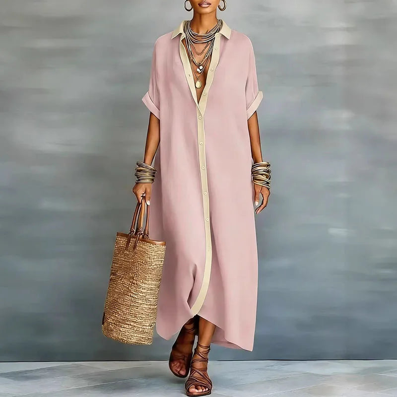 Linen Blend Collared Button-Front Maxi Shirt Dress