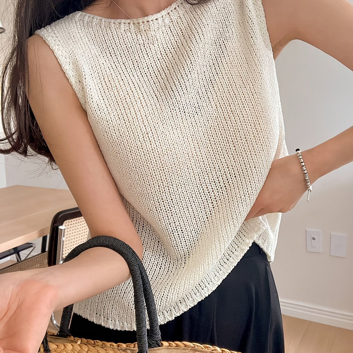 Open Knit Sleeveless Round Neck Tank Top