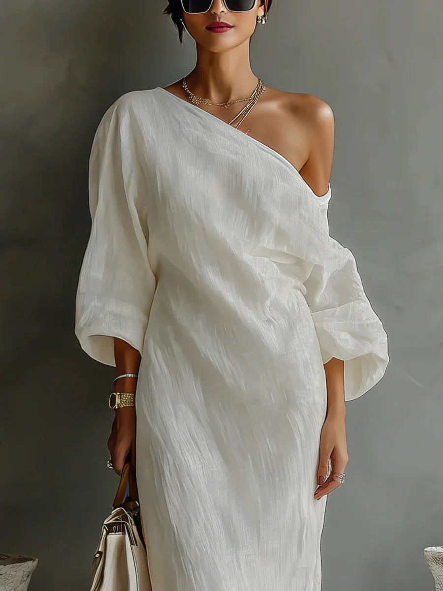 Asymmetric One-Shoulder Linen Blend Maxi Dress