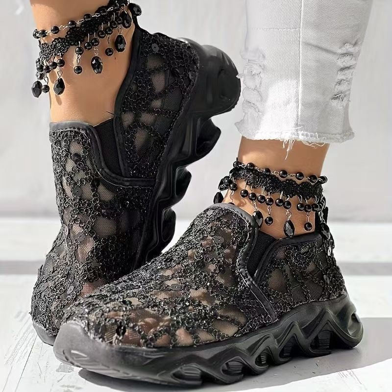 Sheer Floral Lace Mesh High-Top Sneakers