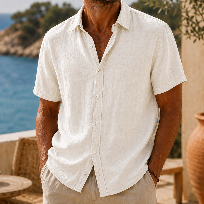 Short Sleeve Cotton Linen Shirt with Classic Collar