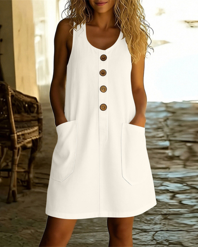 Robe trapèze sans manches boutonnée sur le devant, avec poches