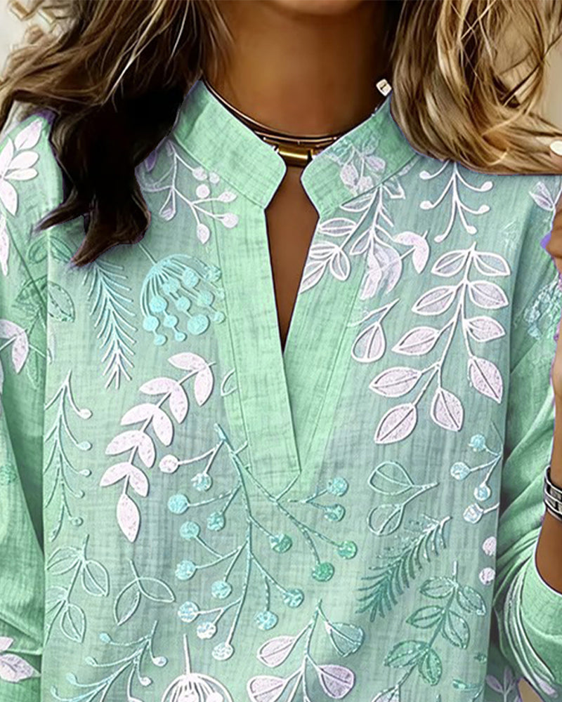 Botanical Print Notched Collar Long Sleeve Blouse