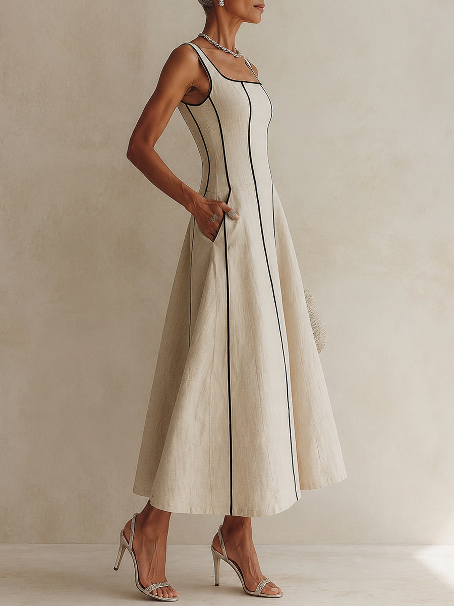 Contrast Piping Square Neck Fit-and-Flare Midi Dress