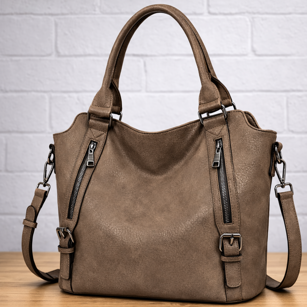 Slouchy Zip Detail Tote Bag with Buckle Straps