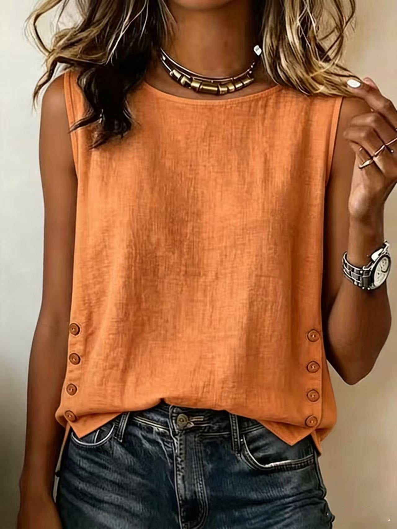 Linen Tank Top with Side Button Detail