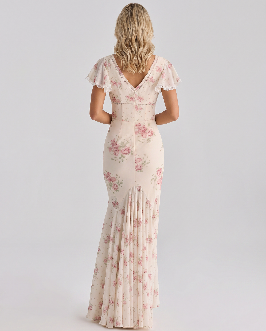 Floral Lace Trim Tie-Front Flutter Sleeve Maxi Dress