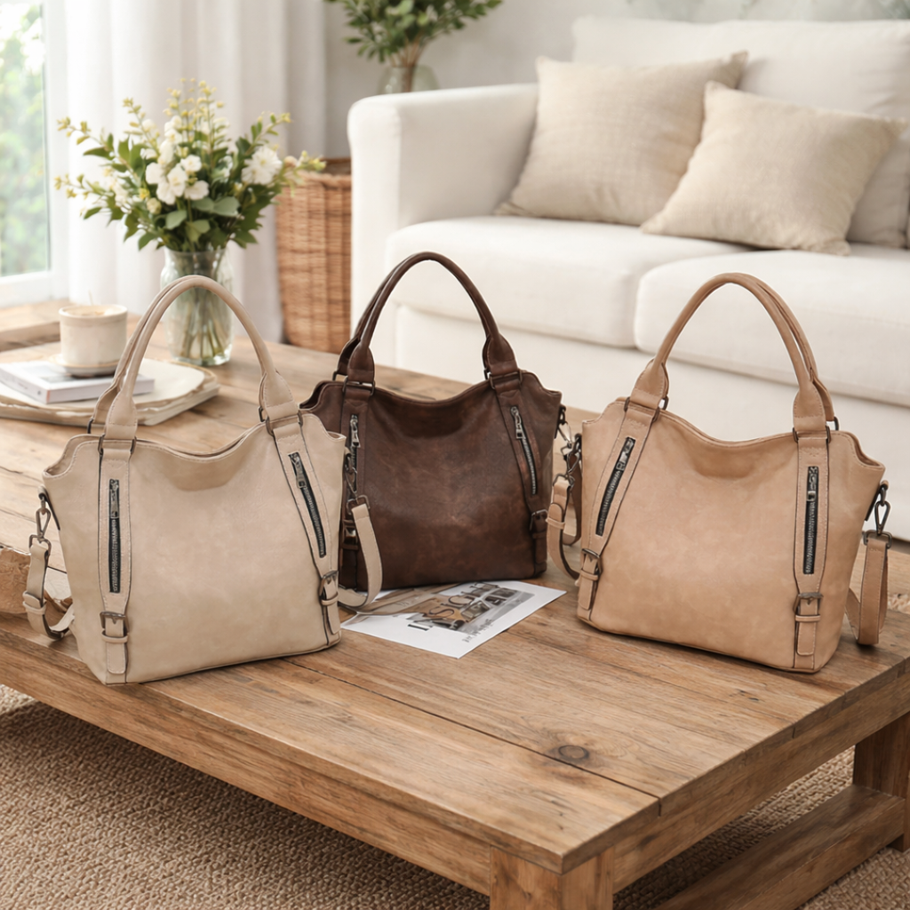 Slouchy Zip Detail Tote Bag with Buckle Straps