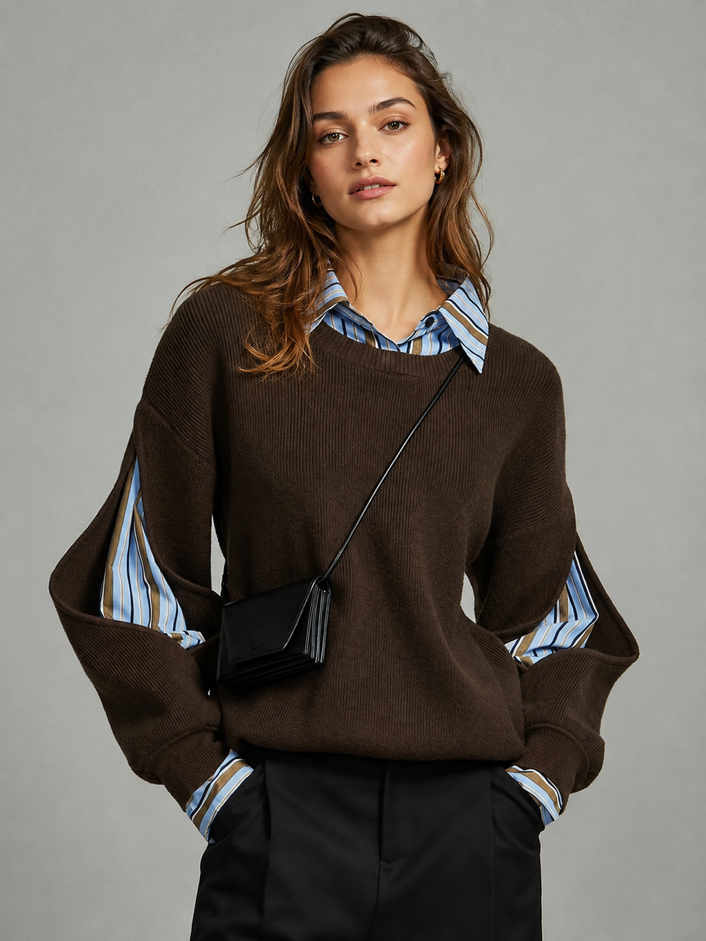 Women's brown oversized jumper with striped shirt collar and sleeve panels
