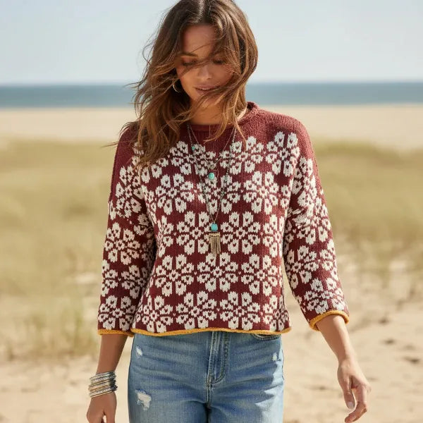 Women's Boho Floral Jacquard Cropped Knit Jumper