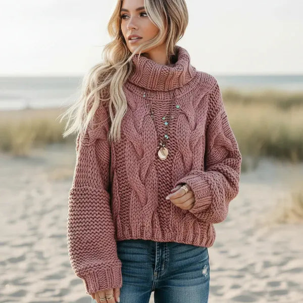 Women's Chunky Cable Knit Oversized Turtleneck Jumper