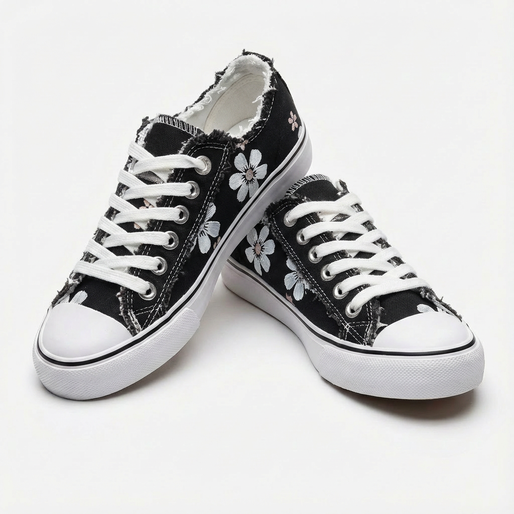 Women's Floral Print Distressed Denim Lace-Up Sneakers