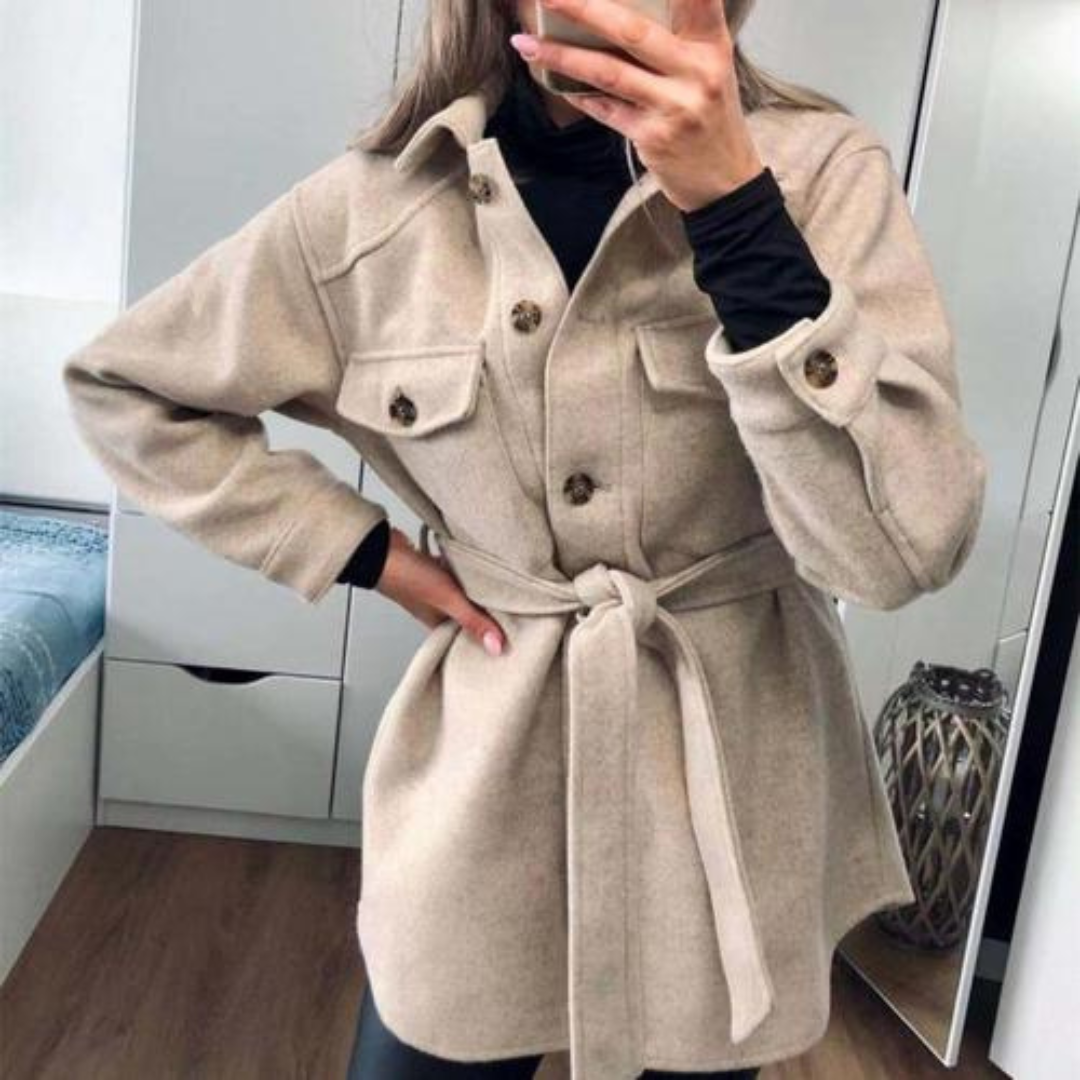 Women's Belted Shirt Jacket with Flap Pockets