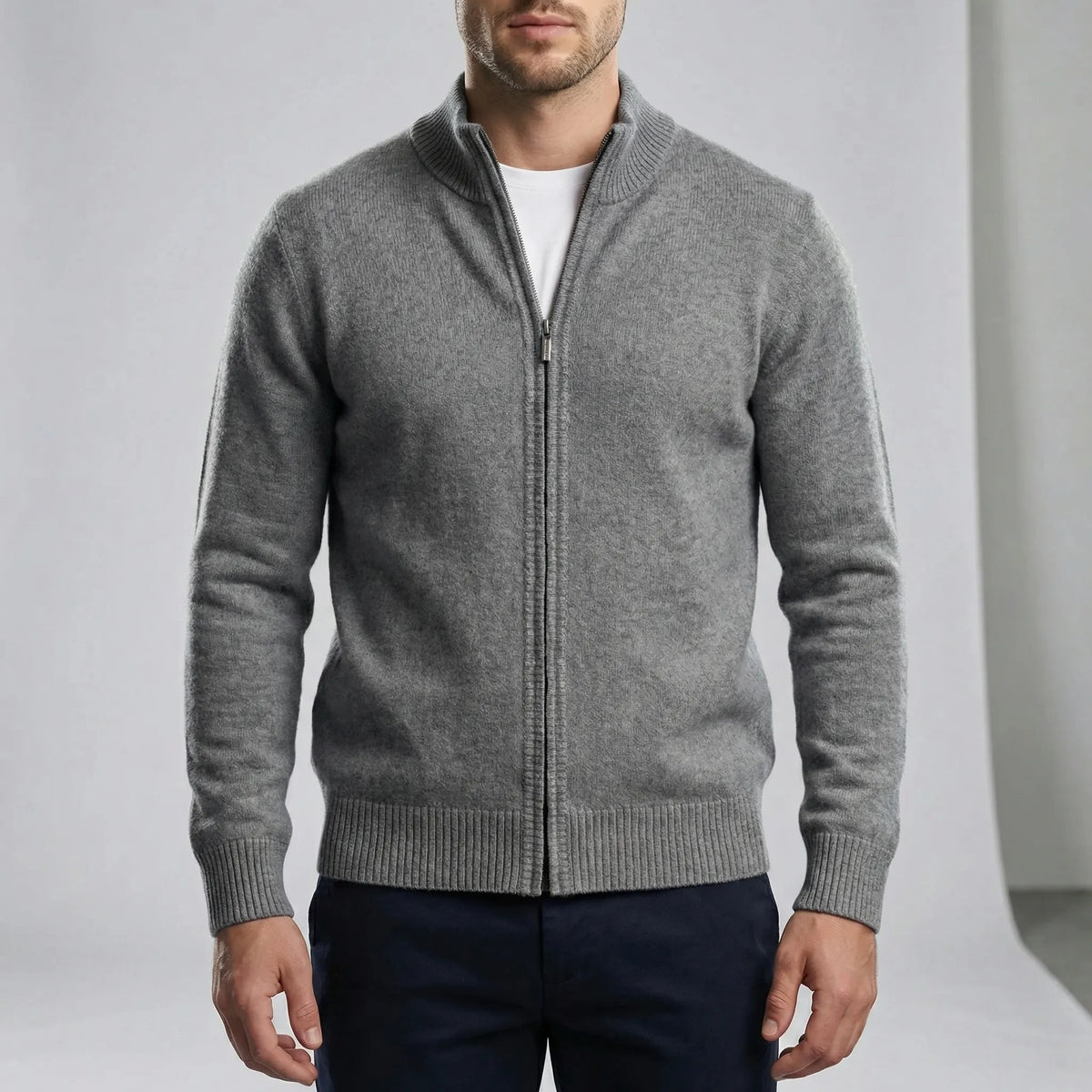 Men's plain knit cardigan with mock neck and full front zipper