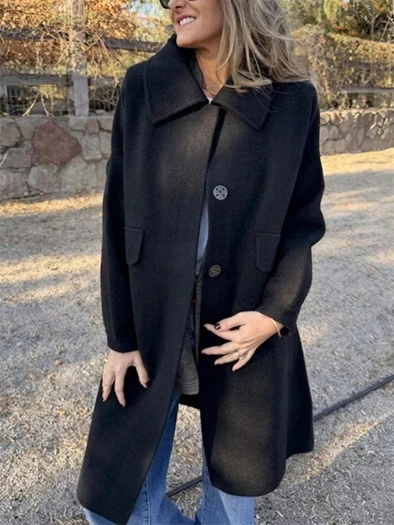Women's Longline Coat with Flap Pockets and Point Collar