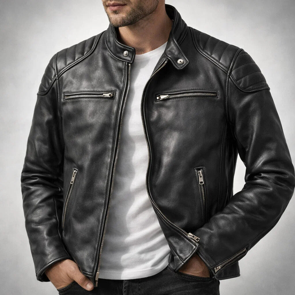 Men's Quilted Shoulder Faux Leather Racer Jacket