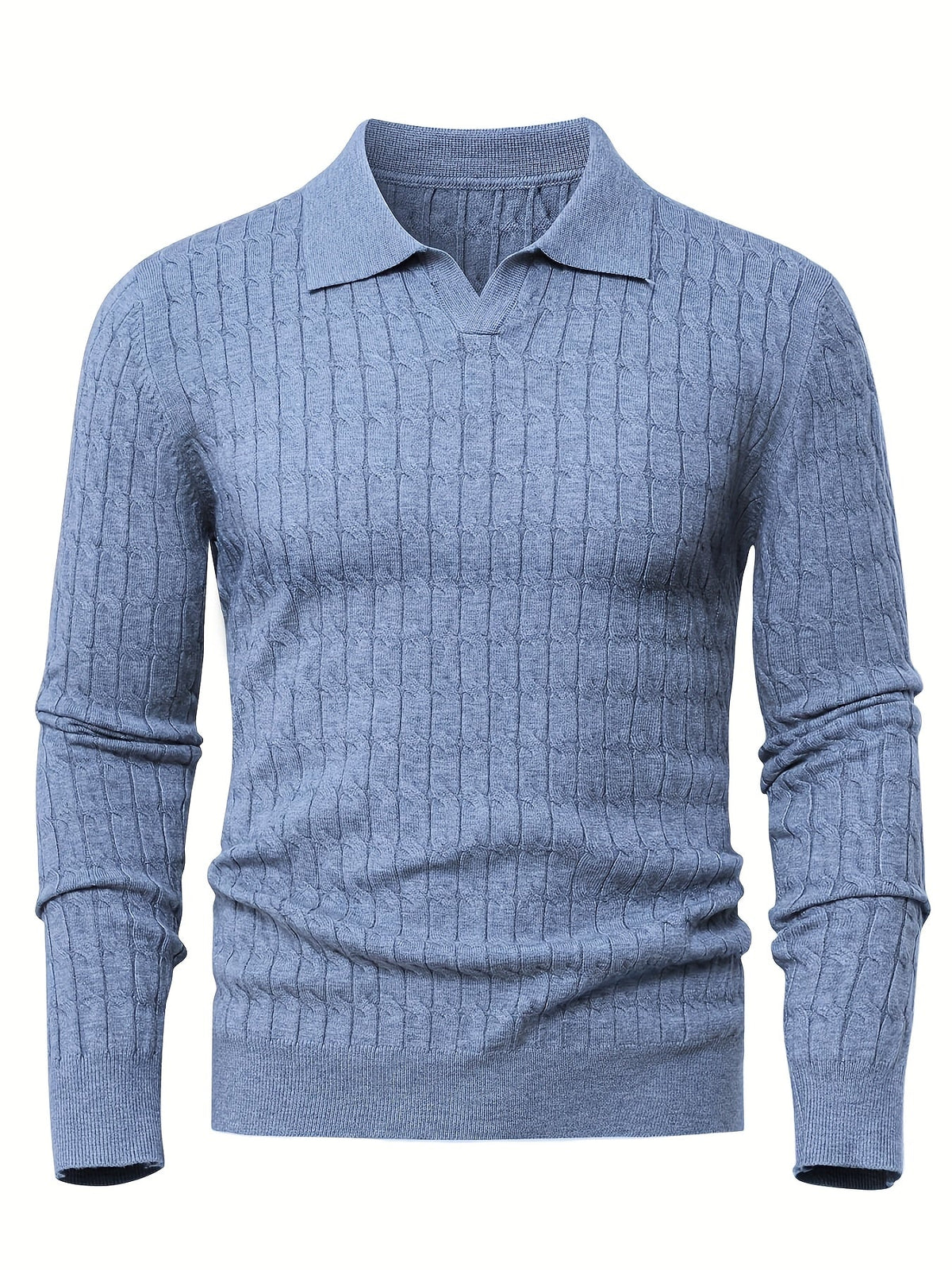 Men's long-sleeve cable knit polo sweater with Johnny collar