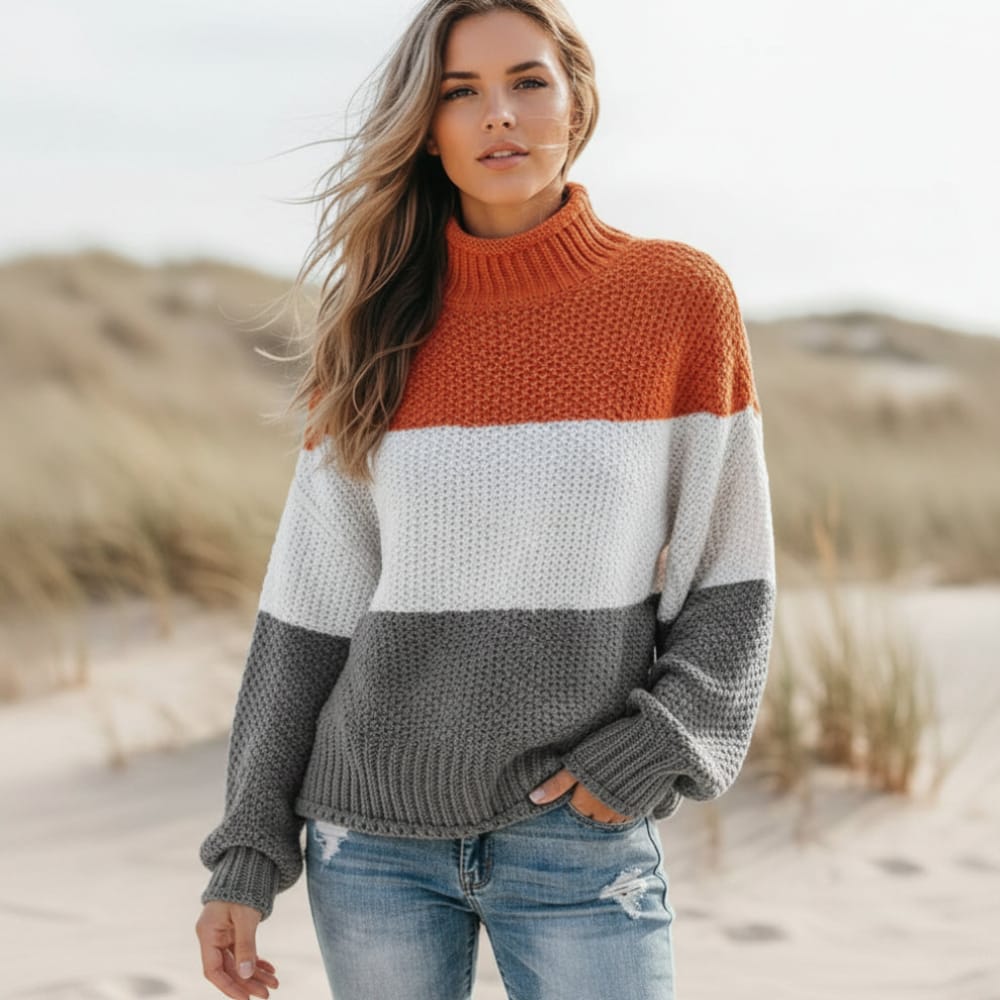 Women's Colour Block Textured Knit Mock Neck Jumper