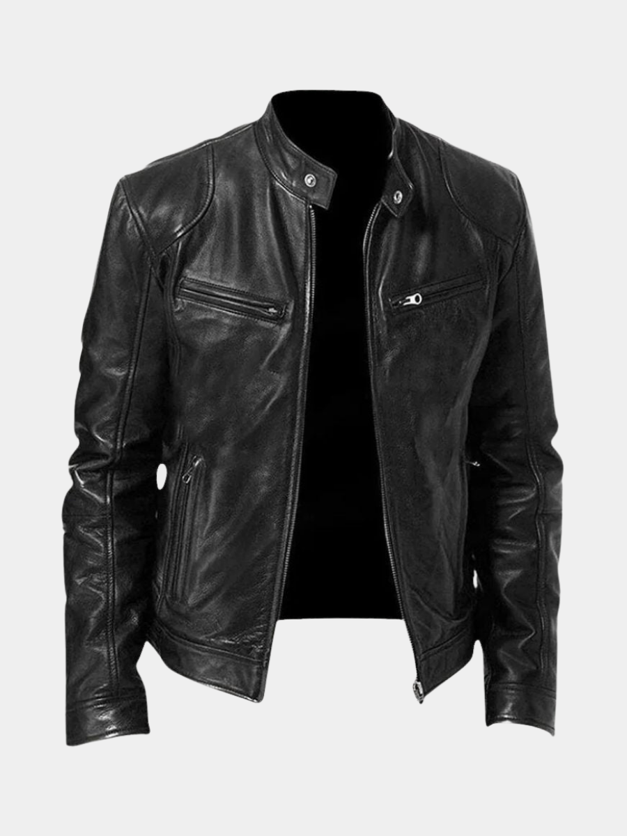 Men's Faux Leather Snap-Collar Racer Jacket
