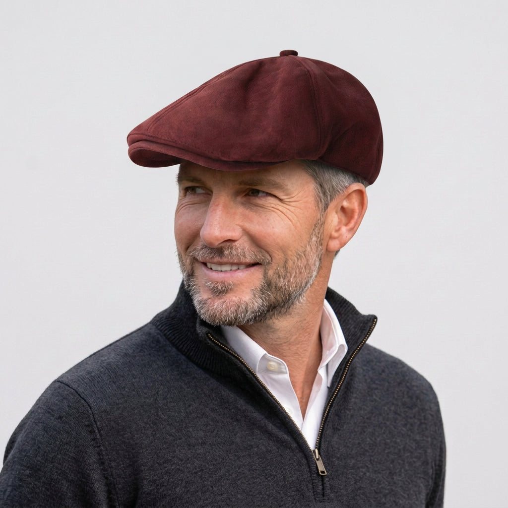 Suede Baker Boy Cap with Classic Panelled Design