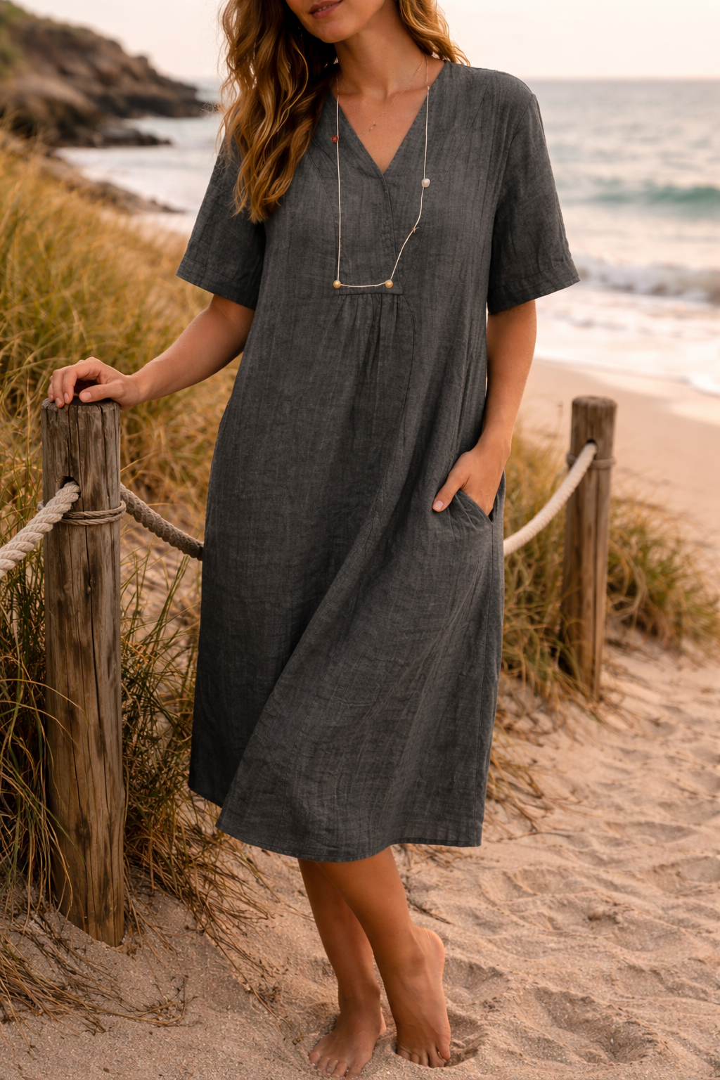 Robe midi droite décontractée en lin à encolure en V