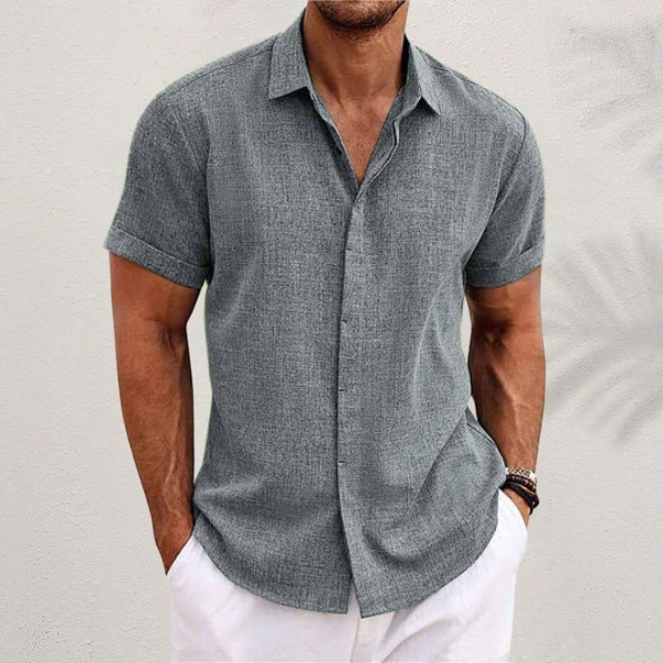 Linen Blend Short Sleeve Shirt with Point Collar