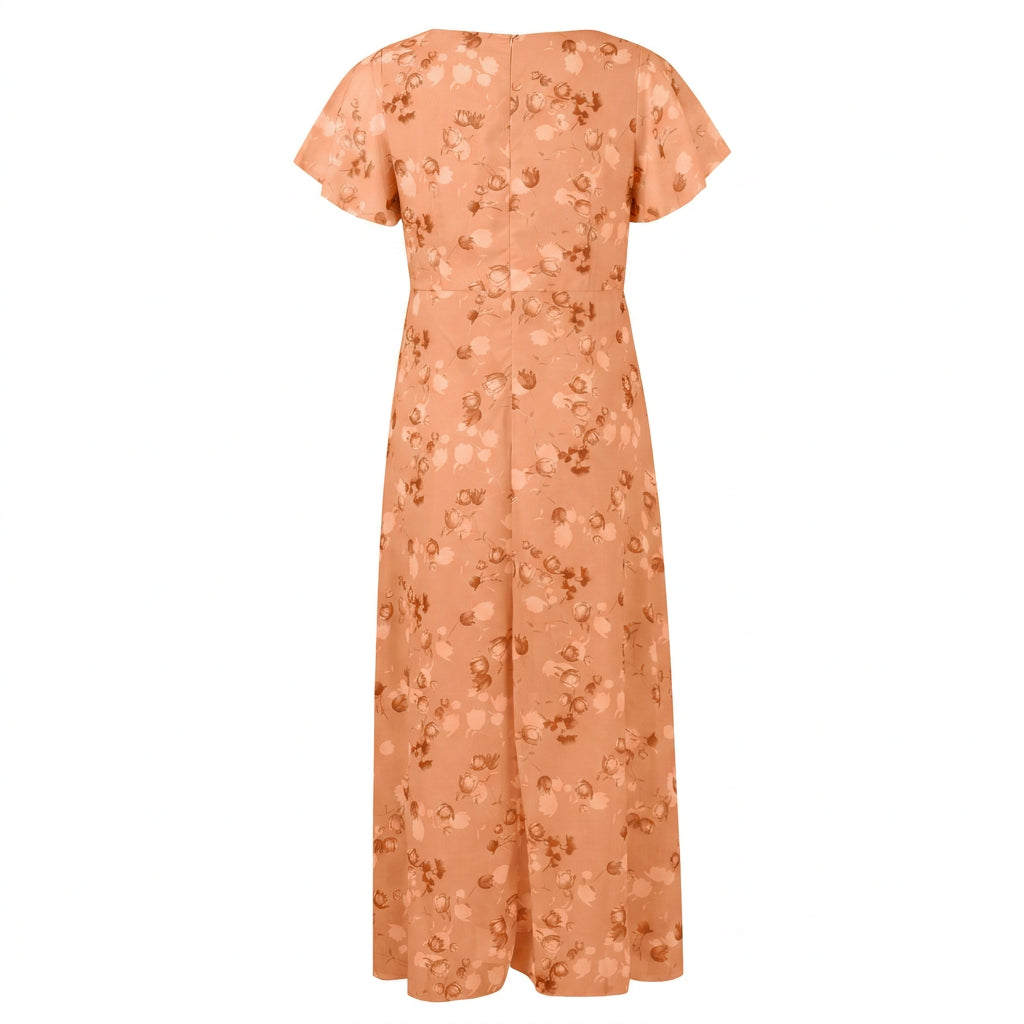 Women’s Floral Maxi Dress – V Neck Flutter Sleeve Long Dress