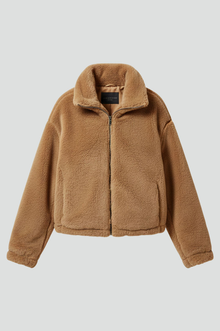 Veste teddy courte pour femme à col montant
