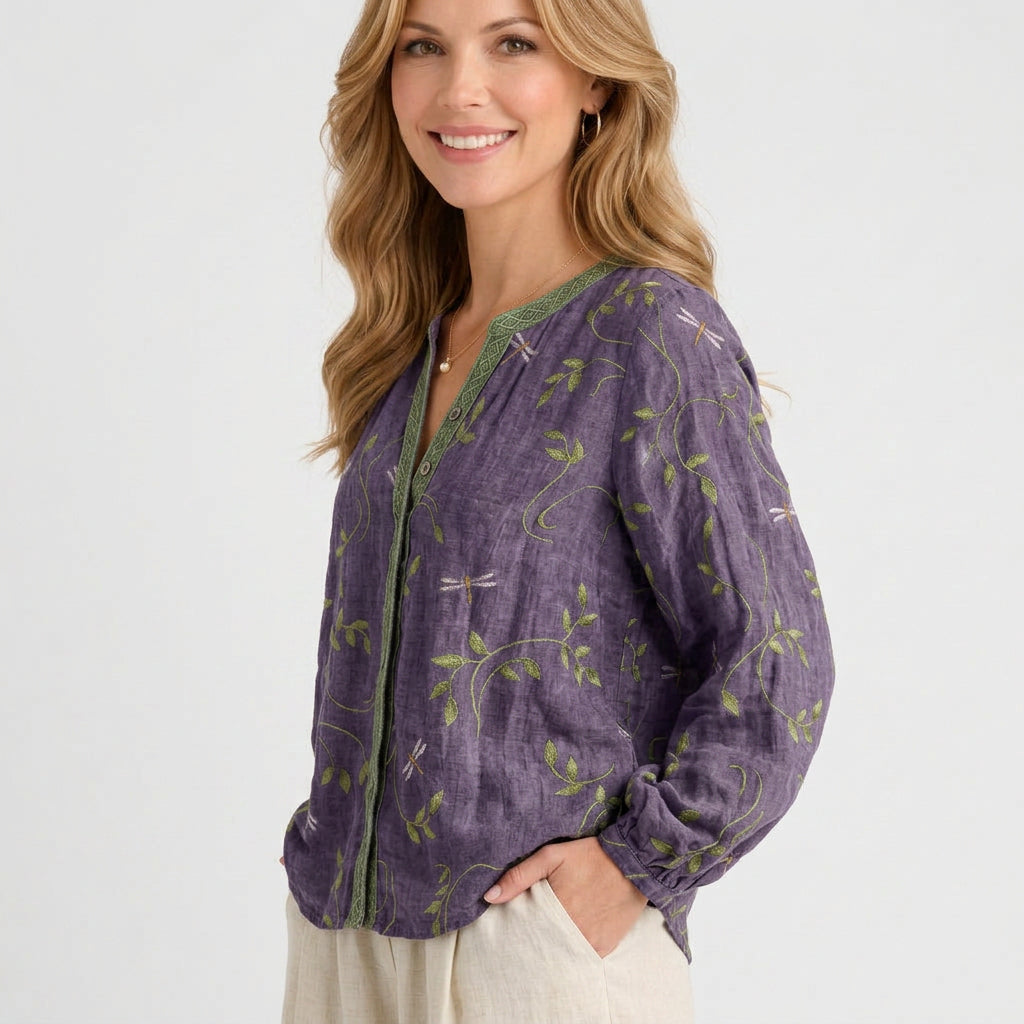 Women’s Printed Blouse – Long Sleeve Notch Neck Trim Detail Top