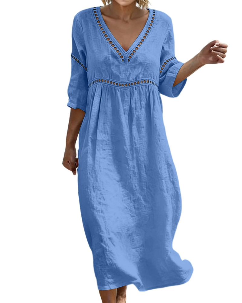 Linen Midi Dress with Hollow Out Trim and Flared Sleeves