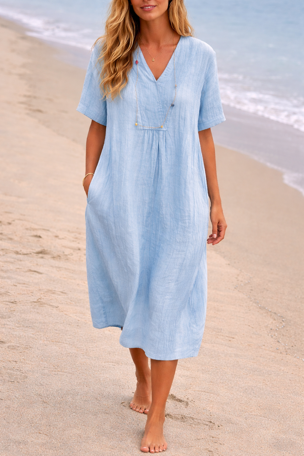 Robe midi droite décontractée en lin à encolure en V